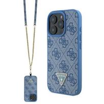 GUESS GUHCP16XP4TDSCPB iPhone 16 Pro Max 6.9" blue hard case with leather, metal logo, and strass crossbody bag