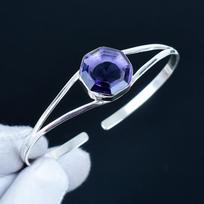 Amethyst Hexagon Gemstone Handmade Cuff Bangle 925 Sterling Silver Cuff Bangle, Amethyst Bracelet For Wife, Unisex Bangle 7 violetinė