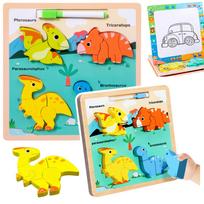 Medinė edukacinė dėlionė su dinozaurais ir piešimo lenta