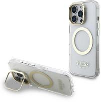 Guess IML Gold Outline Stand Camera Frame MagSafe dėklas skirtas Apple iPhone 16 Pro skaidrus