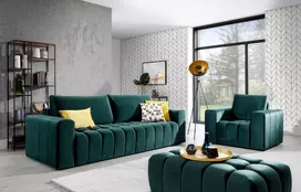 Baldų komplektas Sofa, fotelis ir pufas Lazaro 3+1+Puf žalia