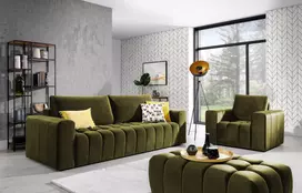 Baldų komplektas Sofa, fotelis ir pufas Lazaro 3+1+Puf žalia