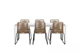 Togas - Valgomojo stalas - Baltas / Tikmedis - Allu / Tikas - 200*100 _1+ Lindos Stacking Chair - Black Alu / Latte Rope _6