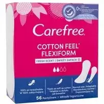 "Carefree Cotton Feel Flexiform Fresh Scent" - gaivaus kvapo intymios kelnaitės, tinkančios įprastiems apatiniams ir tamprėms, 56,0 vnt.
