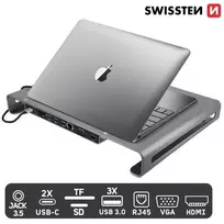 „Swissten“ daugiafunkcinė USB-C nešiojamojo kompiuterio prijungimo stotis / HDMI / USB 3.0 / 2x USB-C / RJ45 / SD / Micro SD / VGA / Garsas
