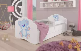 Lova su čiužiniu, turėklais ir stalčiais CASIMO Mėlynas meškiukas 160x80