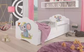 Lova su čiužiniu, turėklais ir stalčiais CASIMO Dramblys 140x70