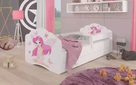 Lova su čiužiniu, turėklais ir stalčiais CASIMO Mergaitė su sparneliais 160x80