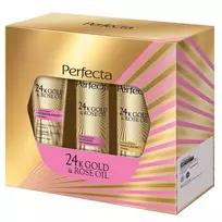 PERFECTA_SET 24K aukso ir rožių aliejaus švelnus šveitiklis 75g + drėkinamasis tonikas 200ml + makiažo valiklis 200ml