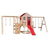 Medinė vaikų žaidimų aikštelė su čiuožykla, sūpynėmis, laipiojimo sienele Wendi Toys M28R-G, raudona, 342 x 563 x 242 cm