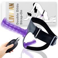 Realistiškas dėvimas dvigubas dildo (Strap-On) DY005 abiem lytims su reguliuojamu elastiniu diržu ir vibracijos valdymu