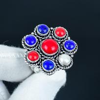 Raudonas koralas, lapis lazulis, perlamutras Rankų darbo 925 svarų sterlingų sidabro žiedas - Bohemiškas papuošalų žiedas - Rankų darbo Boho papuošalai moterims ir vyrams, dovanos US 4 raudona