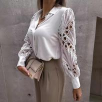 Ladies Sexy Lace Hollow Women's Shirt Retro Button Shirt Long-sleeved Blouse XXL balta