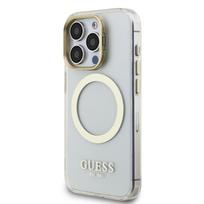Guess IML Gold Outline Stand Camera Frame MagSafe dėklas skirtas Apple iPhone 15 Pro Max skaidrus