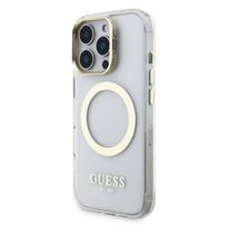 Guess IML Gold Outline Stand Camera Frame MagSafe dėklas skirtas Apple iPhone 16 Pro Max skaidrus