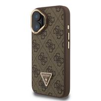 Guess PU 4G Strass Triangle Logo Stand Camera Frame MagSafe dėklas skirtas Apple iPhone 16 rudos spalvos