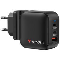 Verbatim Mini GaN 70W AC Adapter, 2xUSB-C PD / 1x USB-A QC, EU/UK, Black
