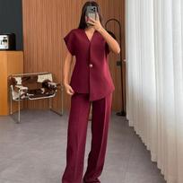 Casual 2 Piece Pants Sets Women Solid One Button Blazer Zippers High Waist Pleat Wide Trousers 2025 Spring Summer Lady Outfits S vyno raudonos spalvos