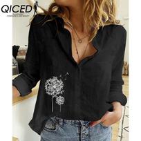 QICED Women's Fashion Casual Dandelion Print Long Sleeve POLO Neck Blouses & Shirts S juoda