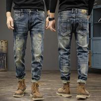 Madingos vyriškos džinsinės kelnės Retro Mėlynos Elastingos Slim Fit Plėšytos Džinsinės Kelnės Vyrams Vintage Dizainerio Laisvalaikio Džinsinės Kelnės 38