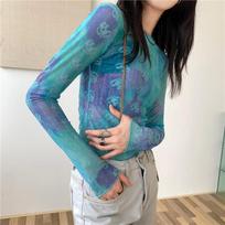 Apsaugos nuo saulės drabužis Vidinis ilgomis rankovėmis T-shirt su tie-dye raštu Moteriškas vasarinis tinklinis apatinis marškinėlis Plonas ledo šilko viršus Užmetamas drabužis S