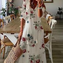 Vasarinė moteriška suknelė V formos iškirpte, trumpomis rankovėmis, ilga, elegantiška, su gėlių raštu, laisva, bohemiško stiliaus moteriški drabužiai S balta
