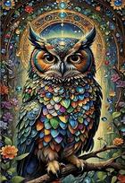 5D deimantinė mozaika „Magiškoji pelėda“ – pilnas padengimas, 55 × 80 cm. Aksominė drobė, blizgantys deimantai – stulbinantis rezultatas ir meditacinis procesas.