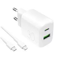 Puro PROLITE 30W USB-A / USB-C wall charger + USB-C – USB-C cable 1.2m – baltos spalvos