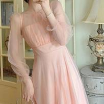 Soft Style French First Love Sweet Long Sleeve Pink Dress Elegant Princess Maxi Skirt S