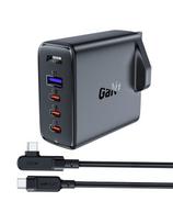 2in1 laidas ir greitas GaN tinklo įkroviklis, JK kištukas, 100W PD 3x USB-C USB juodas