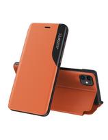 Elegantiškas Eco Leather View Case dėklas su atvartu ir stovo funkcija iPhone 13 mini oranžiniam telefonui