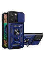 Šarvuotas dėklas su stovu ir kameros dangteliu iPhone 15 Pro Hybrid Armor Camshield - mėlynas
