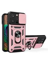 Šarvuotas dėklas su stovu ir fotoaparato dangteliu iPhone 15 Pro Hybrid Armor Camshield - rožinis