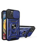 Šarvuotas dėklas su stovu ir kameros dangteliu iPhone 15 Plus Hybrid Armor Camshield - mėlynas