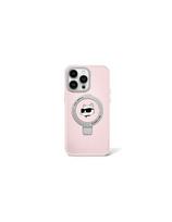 Karl Lagerfeld Ring Stand Choupette Head MagSafe dėklas iPhone 15 Pro - rožinis