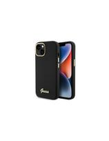 Guess Silicone Script Metal Logo & Frame dėklas iPhone 15 - juodas