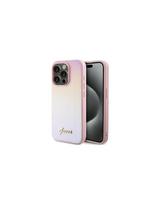 Guess Saffiano Iridescent Script dėklas, skirtas iPhone 15 Pro – rožinis