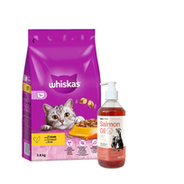 WHISKAS Adult 3,8 kg - sausas ėdalas suaugusioms katėms su gardžia vištiena + LAB V Lašišų aliejus šunims ir katėms 500ml