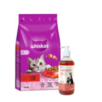 WHISKAS Adult 3,8 kg - sausas visavertis pašaras suaugusioms katėms su gardžia jautiena + LAB V Lašišų aliejus šunims ir katėms 500ml