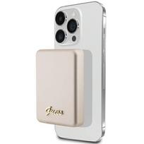 Atsarginis maitinimo šaltinis ("Power Bank") „Guess“ nešiojamoji baterija 5000mAh, 15W, „MagSafe“ ir įprastiniu įkrovimu, su metaliniu „Srprint“ logotipu, auksinė