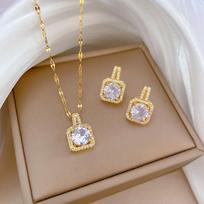 Classic Personality Stainless Steel Romantic Micro-inlaid White Cube Earrings Necklace Set Girls Party Dinner Gift 45cm