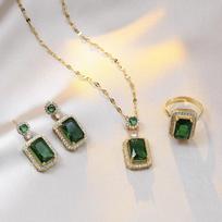 4PCS Sets Exquisite Quadrate Rhinestone Necklace Earrings Ring Zircon Set Charm Ladies Zircon Fashion Bridal Gifts žalia