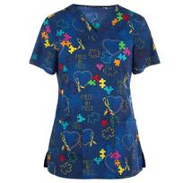Women Working Uniform Animal Print Cartoon Cat Dog Short Sleeve V-neck Tops Femme Blouse Nurse Work Wear Medical Uniforms S blue
