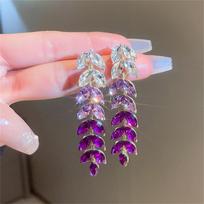 Korean Style Rhinestone Drop Earrings Purple Crystal Leaf Dangle Earrings for Women Zircon violetinė