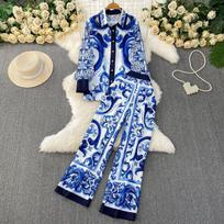 Spring Autumn Vintage Designer Print Runway Trouser 2 Piece Set Women Turn-down Collar Shirt And Elastic Waist Pocket Pant Suit M mėlyna