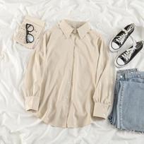 Classic Long Sleeved Shirt for Women Preppy Style Loose Cardigan Tops Casual Retro Clothing Plus Size S abrikosas
