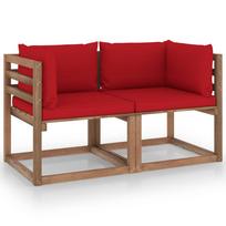 Dvivietė sodo sofa iš palečių su raudonomis pagalvėlėmis pušis