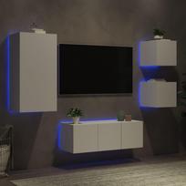 Sieninė TV sekcija su LED 5 dalių balta apdirbta mediena