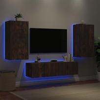 Sieninė TV sekcija su LED 4 dalių dūminio ąžuolo mediena