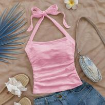 Women's Vacation Style Crop Top, Halter Neck Camisole, Sleeveless Short Tank Top S rožinė